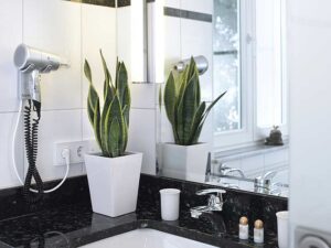 Langzeitzimmer: Bad Ansicht mit Waschbecken, Föhn, Handtuch